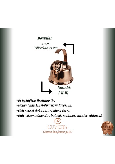 Cuvesta Modern El Yapımı Bakır Demlik 21 24cm Bakır-gold