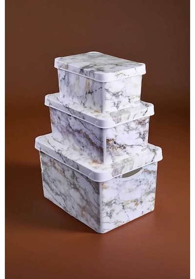 Style Box Marble Desenli 3 Parça Dekoratif Saklama Kutusu Seti Bej Çok Renkli