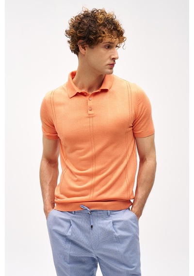 Mercan Slim Fit Dar Kalıp Polo Yaka Düz Kısa Kollu Triko Tişört-16325 Turuncu