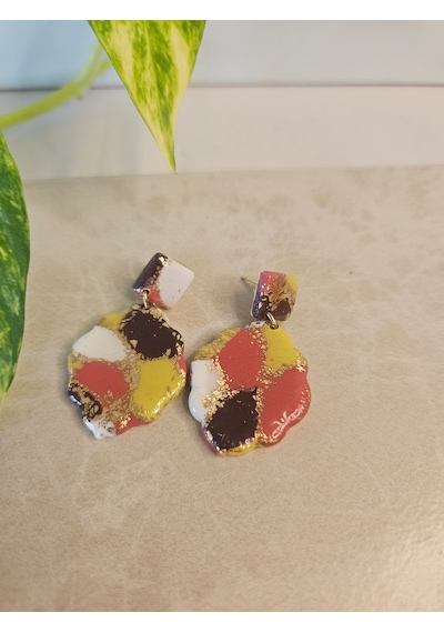 El Yapımı Polimer Kil Küpe - Paslanmaz Çelik Aparatlı Altın Varaklı Çok Renkli Çiçek Formlu Sallantılı Küpe Rose Gold
