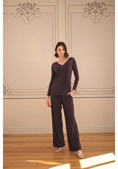 Ang Butik Kadın Uzun Kollu Ve Dantelli Pijama Takımı Mürdüm