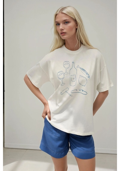 Hiccup Kadın %100 Pamuk Bisiklet Yaka Oversize Beyaz Baskılı T-shirt Tozlu Beyaz