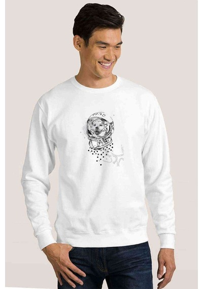 Laika First Dog In Space T Baskılı Beyaz Erkek Örme Sweatshirt