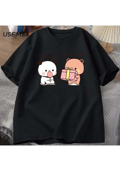 Startmore Mutlu Doğum Günü Panda Ayı T-shirt Erkekler Bubu Ve Dudu Aşk Grafik T Shirt Harajuku Pamuk Kı Siyah