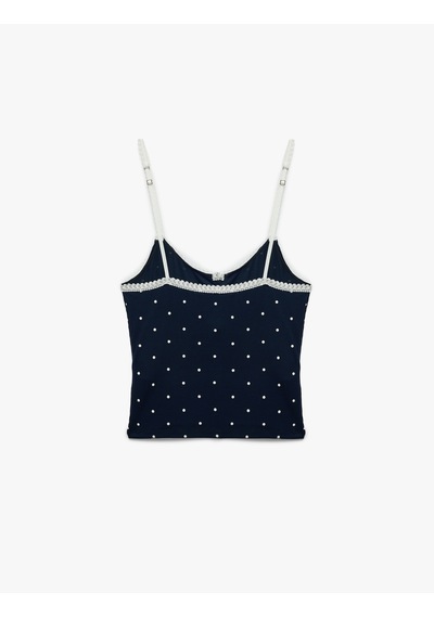 Koton Dantel Detaylı U Yaka Askılı Düğmeli Puantiyeli Atlet Pijama Lacivert Desenli 6slk90050mk 7d2