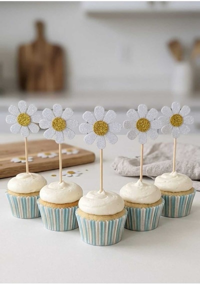 Papatya Beyaz Renk Simli Cupcake Kürdanı Doğum Günü Parti Ve Pasta Süsü 10lu 5 Cm