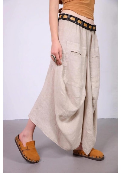 Bohem Stil İtalyan Cepli Keten Şalvar Pantolon Cmn00154 Krem