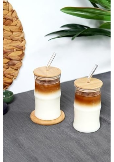 Bambu Kapaklı Cam Pipetli 330 Ml Borosilikat Bardak Açık Kırmızı