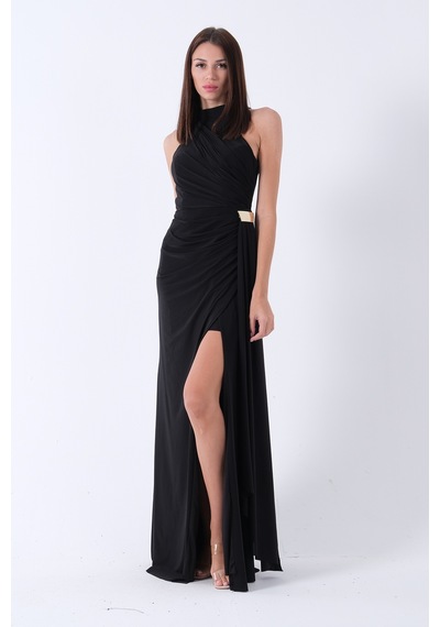 Feminist Siyah Halter Yaka Drapeli Beli Gold Toka Detaylı Straplez Abiye 9705862