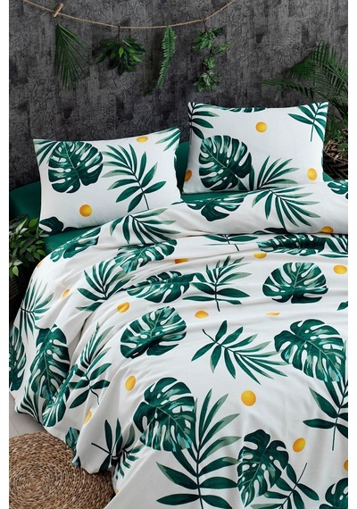 Doğal Pike Baskılı King 230x240cm Monstera Yeşil Yeşil