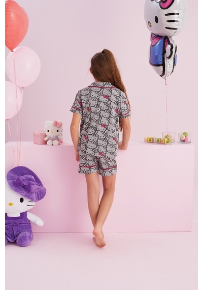 Siyah İnci Lisanslı %100 Pamuk Çok Renkli Düğmeli Biyeli Şort Pijama Takım Hk150 Gri