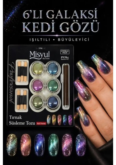 Misyul 6'lı Galaksi Kedi Gözü Oje Etkisi Cat Eye Toz Seti Mıknatıs Hediyeli Manyetik Nail Art Süsleme Kiti