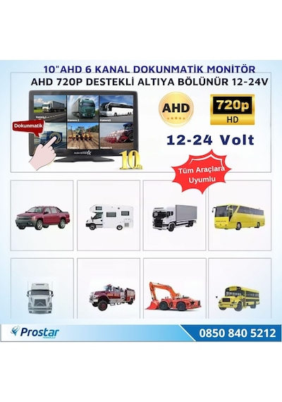 10 İnç 6 Kanal Dokunmatik Ahd 720p Kayıtlı Araç Monitörü 12-24v