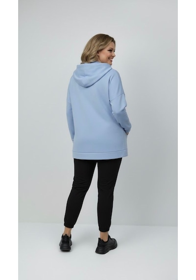 Koza Butik Kadın Büyük Beden Uzun Kollu Kapüşonlu Fermuar Detaylı Sweatshirt 2007 Mavi