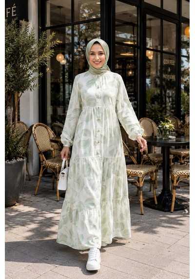 Hb Harma Time Butik Kadın Düğmeli Desenli Modal Kumaş Haki Elbise