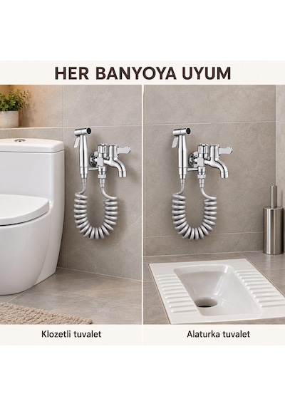Valkyrie Çift Çıkışlı Taharet Musluğu Seti Spiral Hortumlu El Duşlu Krom Paslanmaz Çelik Gümüş