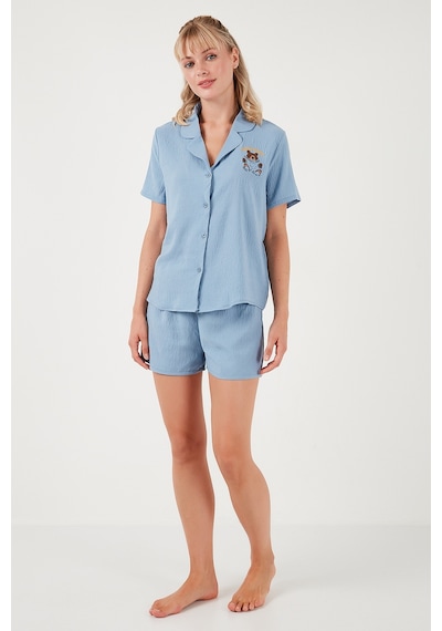 Lela Gömlek Yaka Beli Lastikli Kısa Kollu Şortlu Bayan Pijama Takımı 611Pt00065 Indigo