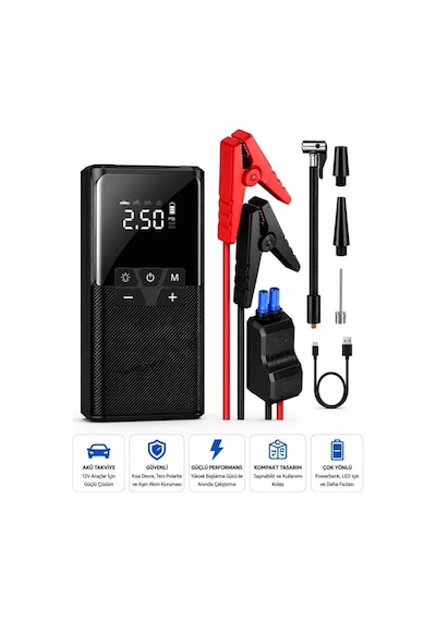 12000 Mah Akıllı Akü Takviye Ve Dijital Hava Pompası Akım Korumalı