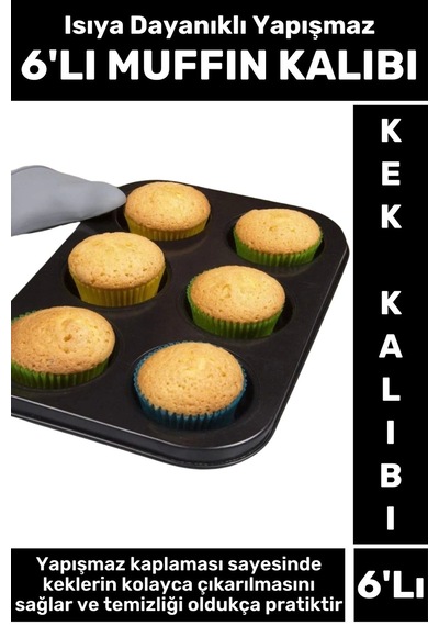 Premium Isıya Dayanıklı Yapışmaz Kolay Temizlenir Kek Brownie Cupcake 6'lı Muffin Kek Kalıbı Çok Renkli