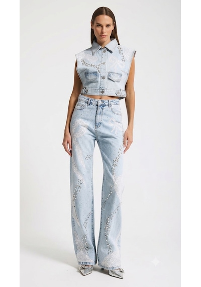 Meryu Ticaret Jeans Pantolon Straight Fit Taş İnci Dantel Detaylı Özel Tasarım Denim Buz Mavi