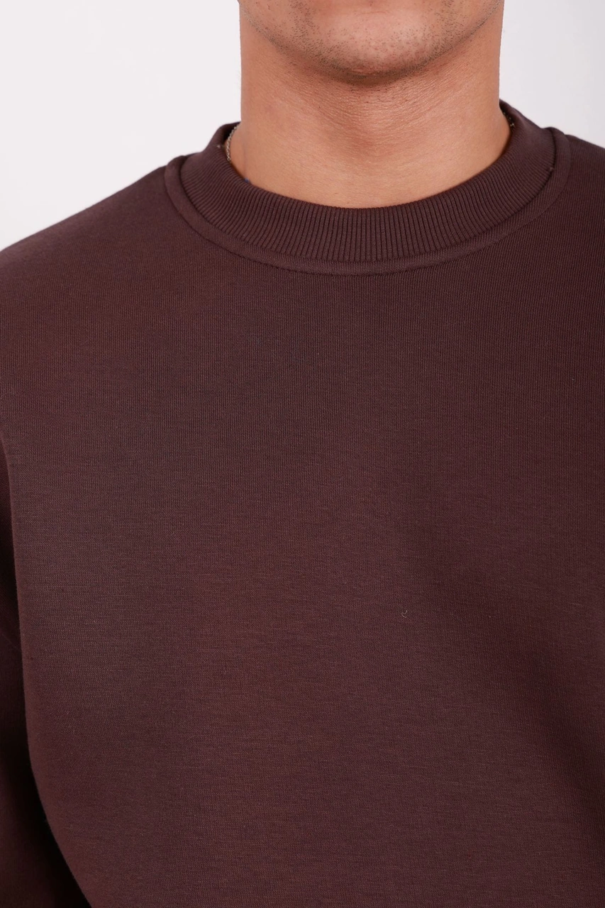 Erkek Standart Fit Bol Kesim %100 Pamuklu Içi Şardonlu 3 Iplik Bisiklet Yaka Sweatshirt Kahverengi