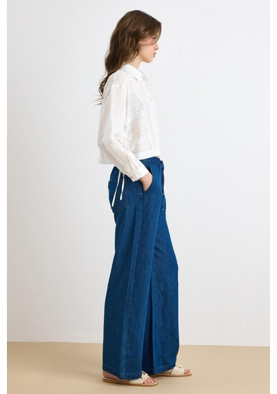 Olcay Beli Lastikli Rahat Kesim Soft Denim Pantolon Koyu Mavi 7587