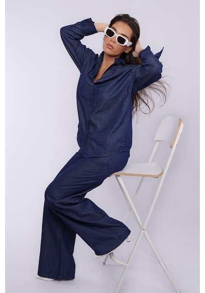 Madmext Mavi Basic Kadın Gömlek Pantolon İkili Takım Mg2383 Mavi