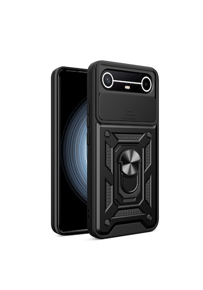 Tecno Spark Slim 5g Kılıf Tam Korumalı Magnetik Standlı Kamera Korumalı Sürgülü Vega Kapak Siyah