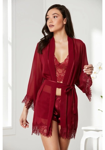 Pierre Cardin 7005+gc225 Çeyizlik Terlikli Şifon Dantelli Saten 4'lü Set -bordo