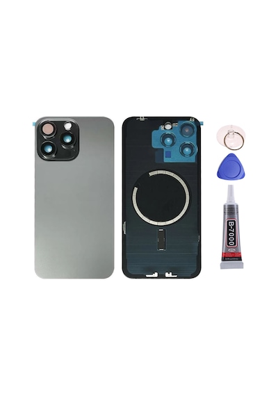 Apple Uyumlu iPhone 15 Pro Max Titanyum Gri Full Nfc Ve Demirli Arka Kapak Batarya Kapağı Pil Kapağı Yapışkan Ve Sökme Aparatıyla Beraber Full Set Gri