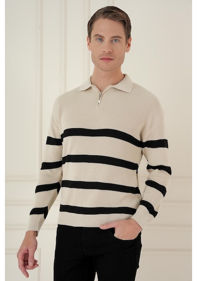 Efor Slim Fit Çizgili Fermuarlı Polo Yaka Bej Triko Kazak Tr 877 Bej