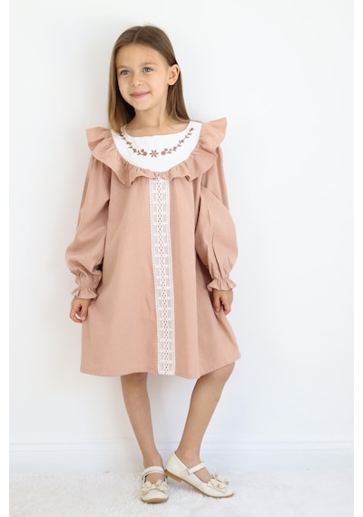 Miababy Nakış Detaylı Keten Elbise 1-8 Yaş Kahverengi