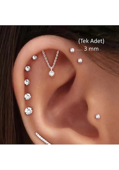 3 Mm Tektaş Cerrahi Çelik Piercing Tragus Helix Kıkırdak Conch Gümüş Renk 8 Mm Altın