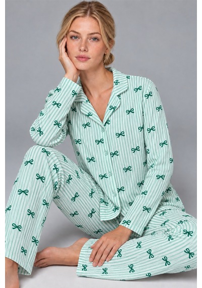 Womanandkids Yeşil Kadın Kurdela Desenli Bol Pijama Takımı 4799