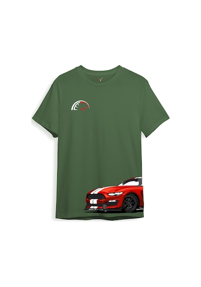 Araba Yan Detaylı Hız Limiti Baskılı Regular Fit %100 Pamuk Haki T-shirt Haki