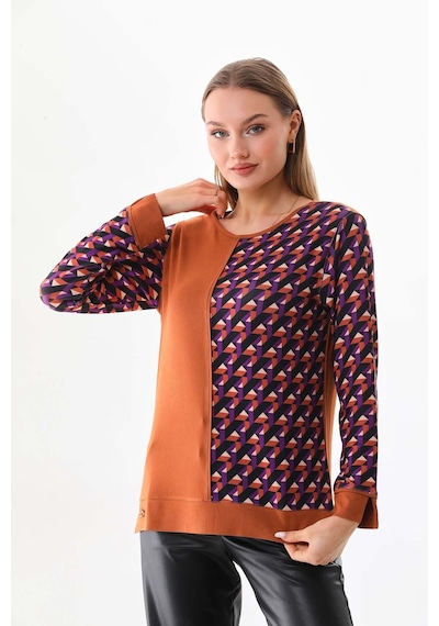 Sistas Kadın Desenli Bisiklet Yaka Uzun Kol Bluz 23592 Camel