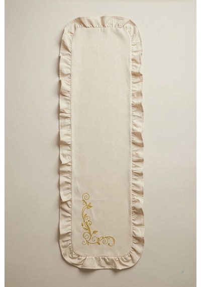 Nakış Detaylı Fırfırlı Masa Runner 40x120 Cm Şık Dekoratif Masa Ve Konsol Örtüsü Bej