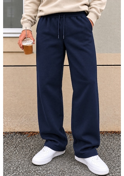 Tarz Cool Erkek Oversize Baggy Fit Eşofman Altı %100 Pamuk 3 İplik Şardonlu Bol Paça Rahat Kesim Lacivert