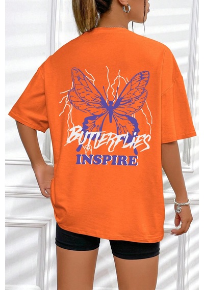 Unisex Butterfly & Letter Graphic Tasarım Tshirt Turuncu