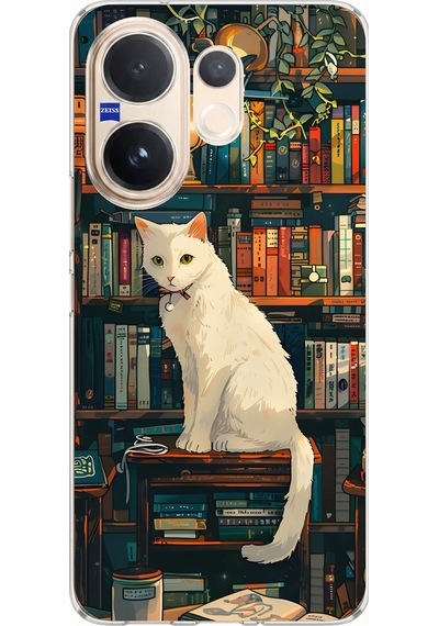 Vivo V60 Uyumlu Kitaplık Beyaz Kedi Tasarımlı Baskılı Silikon Kılıf Renkli