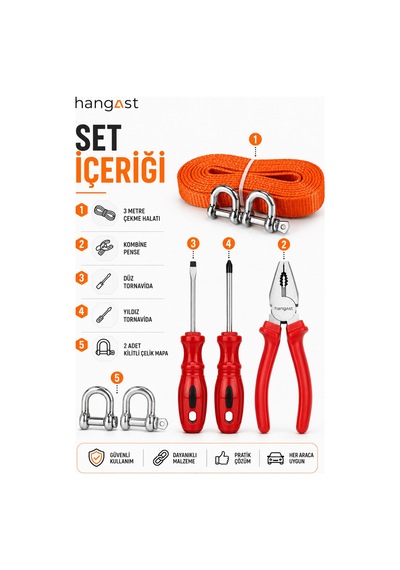 Araç İçi Güvenlik Seti Pense+tornavida+3 Metre Çeki Halatı