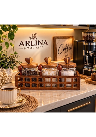 3 Lü 570 Ml Cam Kavanoz & Ahşap Stand Seti Şeffat Cam - Akasya Ahşap Kapak