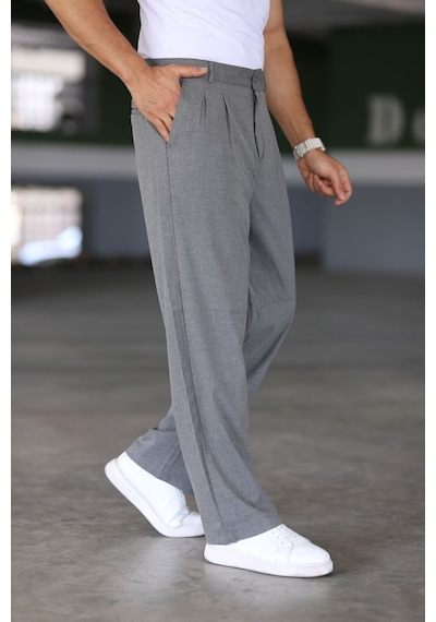 Bürke Çift Pileli Okul Grisi Beli Lastikli Rahat Kesim Klasik Bol Paça Baggy Pantolon
