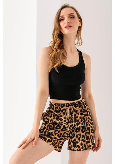 Giysa Kadın Beli Ayarlanabilir Çift Cepli Desenli Şort Leopar - 10047 Leopar