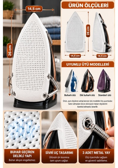 Teflon Yanmaz Yapışmaz Ütü Altlığı Tabanlık Buhar Geçiren Delikli Koruyucu 26x14,5 Cm 3 Yaylı Modeli Beyaz