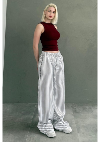Madmext Beyaz Beli Ayarlanabilir Çizgili Cepli Bol Paça Kadın Pantolon Mg2312 Beyaz
