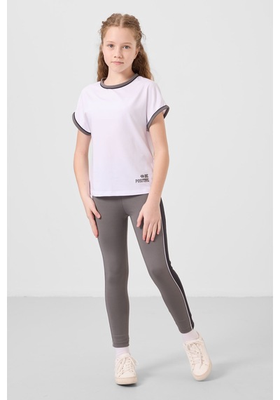 Tommylife Beyaz-koyu Gri O Yaka Yan Şerit Detaylı Standart Fit Performans Kız Çocuk Tayt Takım - 75191 Beyaz