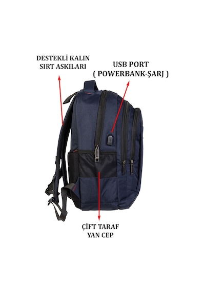 Case Club Lacivert Erkek Sırt Çantası Yandan Cepli Su Geçirmez Kumaş Laptop Bölmeli Lacivert