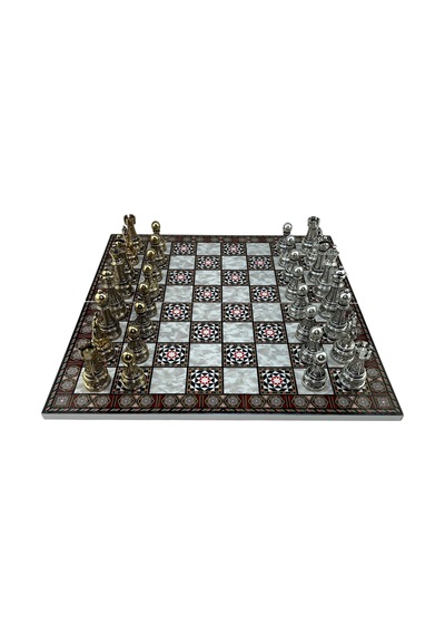 Gifthome Premium Battal Boy Metal İşlemeli Klasik Satranç Takımı Ve Katlanır Sedef Desenli Mdf Satranç Tahtası 43x43 Cm.