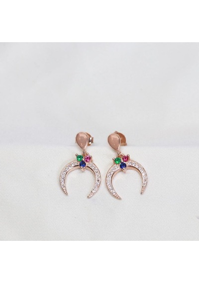 Rose Gold Kaplama Renkli Zirkon Taşlı Ay Modeli Gümüş Küpe Gümüş